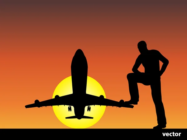 Sylwetka człowieka z samolotu na zachodzie słońca — Wektor stockowy