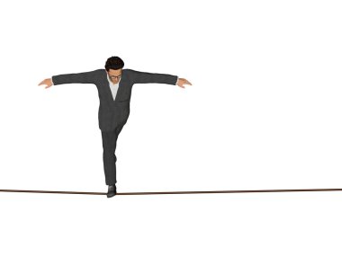 Yüksek çözünürlüklü kavram ya da kavramsal 3d insan erkek ya da beyaz yatay zemin üzerine izole ip üzerinde yürüyen işadamı
