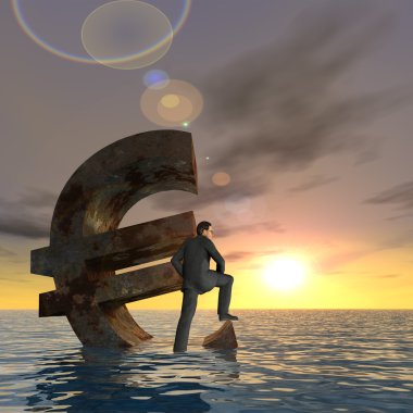 Yüksek çözünürlüklü kavramsal para birimi euro simgesi ve 3d işadamı Avrupa kriz için bir kavram olarak okyanusta batıyor