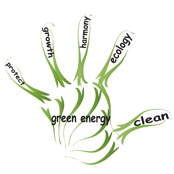 Ecologia verde astratta concettuale, parola di conservazione testo nuvoloso in mano all'uomo o impronta a mano su sfondo bianco — Foto Stock