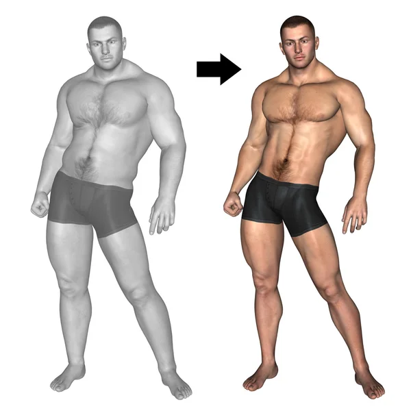 Concept of conceptuele 3d vet overgewicht vs slim fit met de jonge man spieren op dieet geïsoleerd op witte achtergrond — Stockfoto