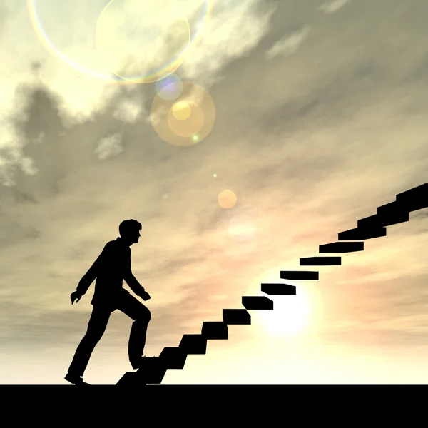 Üzletember lépcsőn át napnyugtakor ég — Stock Fotó