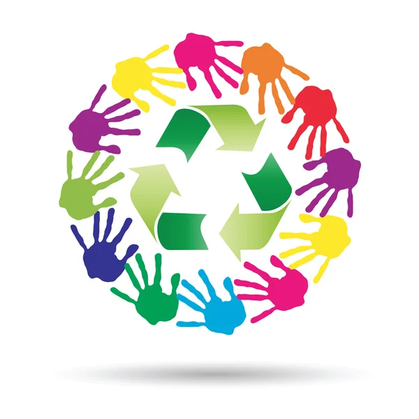 Mãos humanas pintadas com símbolo de reciclagem — Fotografia de Stock