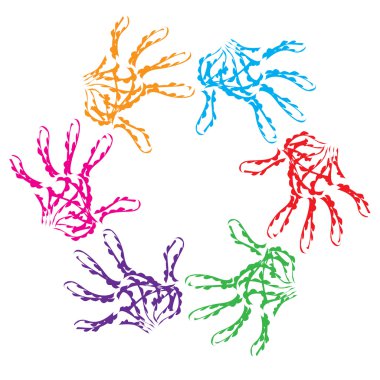 Kavram ya da beyaz arka plan üzerinde izole kavramsal insan çocuk soyut renkli boya el baskı daire simgesi