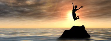Concept or conceptual young woman or businesswoman silhouette jump happy on cliff over water sunset or sunrise sky background banner