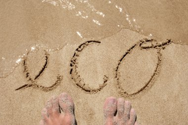 Kavram ya da kavramsal Eko metin bir egzotik ada arka planda bir plajda kuma el yazısı