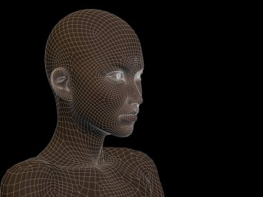 Yüksek çözünürlüklü kavram ya da siyah arka plan üzerine izole kavramsal 3d tel kafes insan kadın kafası