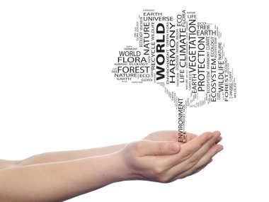 Concept or conceptual black world ecology text word cloud tree in man or woman hand isolated on white background