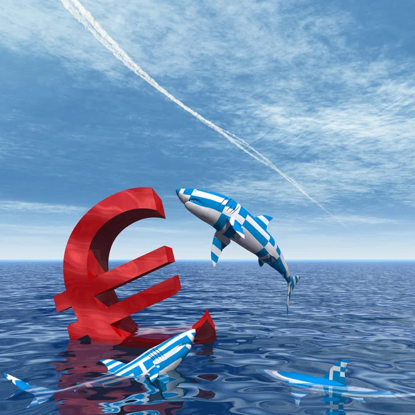概念或概念血腥欧元符号或标志沉没在水中或海里，与希腊鲨鱼饮食作为欧洲危机的隐喻 — 图库照片