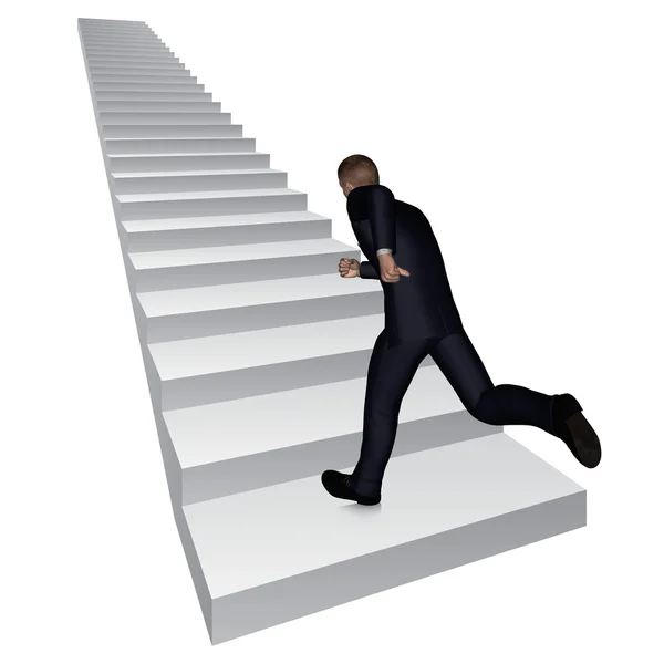 Concept or conceptual 3D business man running or climbing white stair isolated on white background — Stock Photo, Image