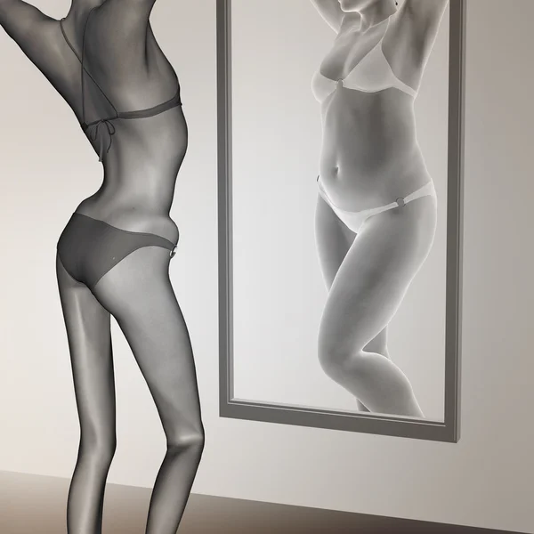 Концепція або концептуальна 3D-жінка, дівчина як жирна, надмірна вага проти пристосування здорової, худорлявої анорексіальної жінки до і після дієти над дзеркалом — стокове фото