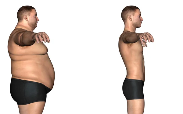 Koncepció vagy fogalmi 3d kövér túlsúlyos vs slim fit diéta izmok fiatalember elszigetelt fehér background — Stock Fotó