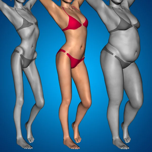 Koncept eller konceptuell 3d kvinna eller tjej som fett, övervikt vs passar frisk, mager underviktig anorektisk kvinna före och efter kost — Stockfoto