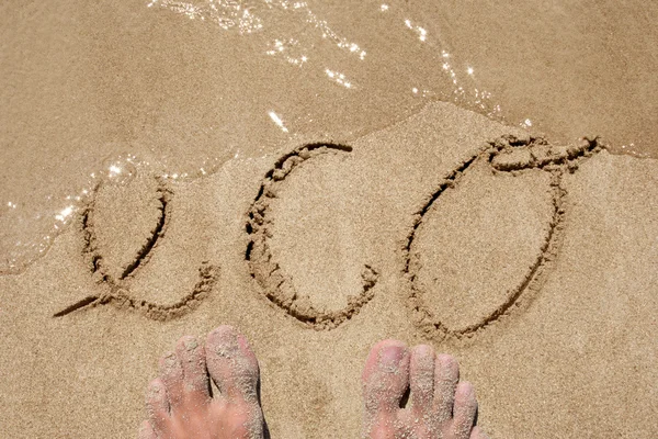 Concetto o concettuale eco testo scritto a mano in sabbia su una spiaggia in uno sfondo esotico isola — Foto Stock