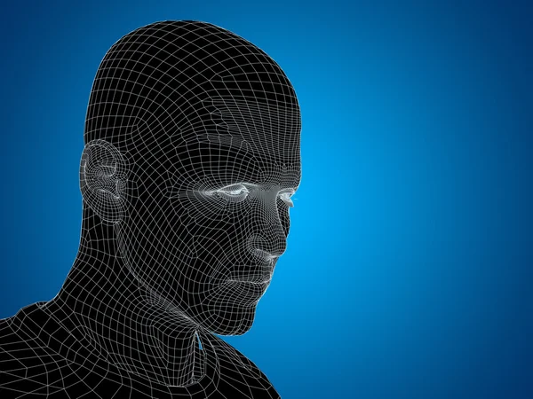 Έννοια ή εννοιολογική 3d wireframe νεαρό ανθρώπινο αρσενικό ή άνθρωπος πρόσωπο ή κεφάλι σε μπλε φόντο — Φωτογραφία Αρχείου