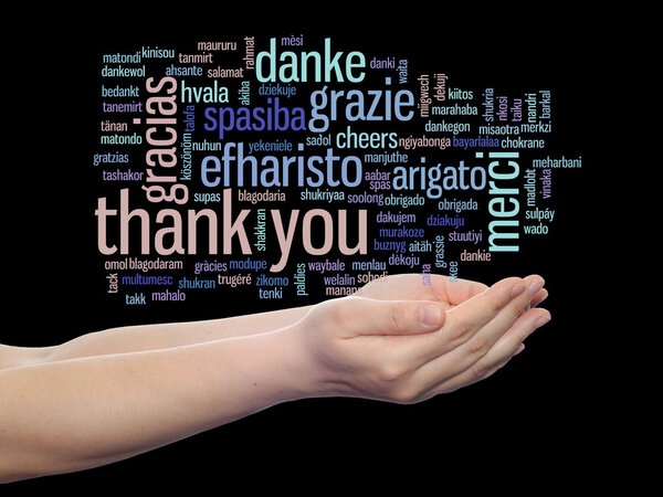 Концепция или концептуальные абстрактные спасибо слово облако держал в руках на разных языках или многоязычный для образования или День благодарения
