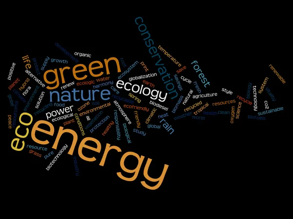 Hög upplösning koncept eller begreppsmässig abstrakt grön energi och ekologi och bevarande word cloud text på svart bakgrund — Stockfoto