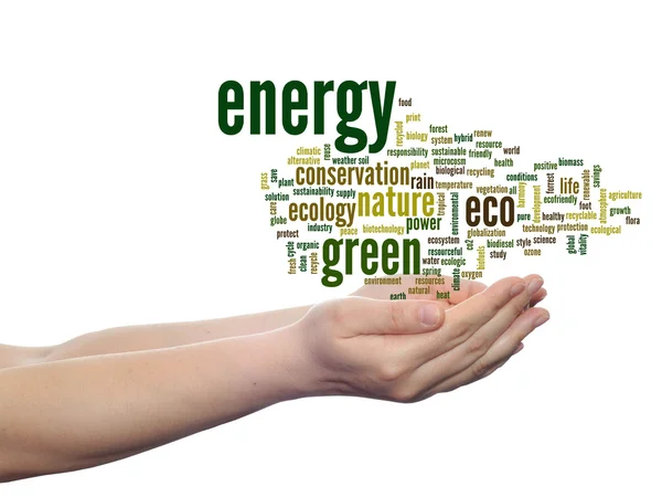 Concept or conceptual abstract energy green ecology, conservation word cloud text in man hand on white background — Stock Photo, Image