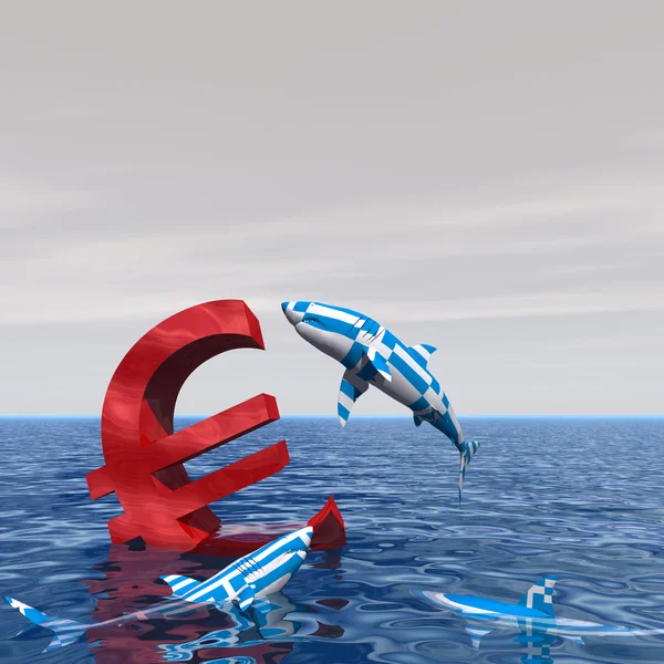概念或概念血腥欧元符号或标志沉没在水中或海里，与希腊鲨鱼饮食作为欧洲危机的隐喻 — 图库照片