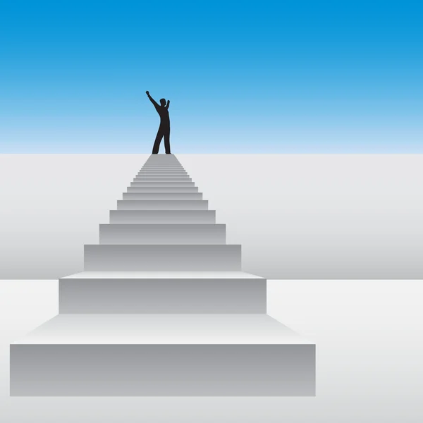 Концепция или концептуальная 3D белая лестница, взбирающаяся на стену с деловым счастливым победителем на фоне неба — стоковое фото