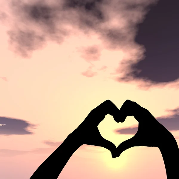 Konzept oder konzeptionelle Herzform oder Symbol aus Mensch oder Frau und Mann Hand Silhouette über einem Himmel bei Sonnenuntergang quadratischen Hintergrund — Stockfoto