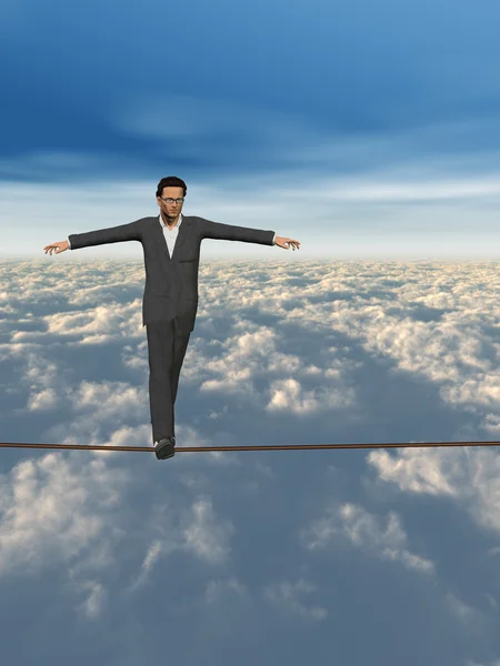 3d işadamı veya kriz dengede ipi bulutlar gökyüzü dikey arka plan üzerinde yürüyen adam kavramsal kavramı — Stok fotoğraf