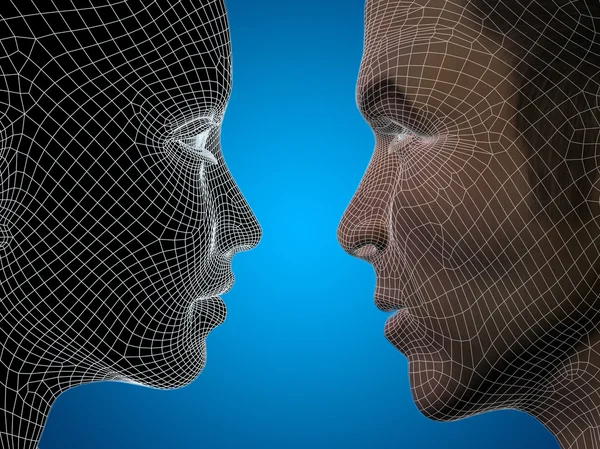 Concept or conceptual 3D wireframe or mesh human male and female head on blue gradient background — Stock Photo, Image