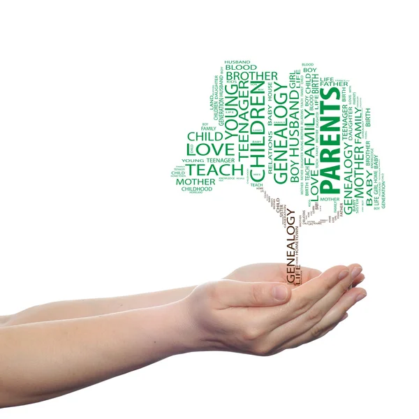 Concept or conceptual green education text word cloud or tagcloud as a tree on man or woman hand isolated on white background — Φωτογραφία Αρχείου