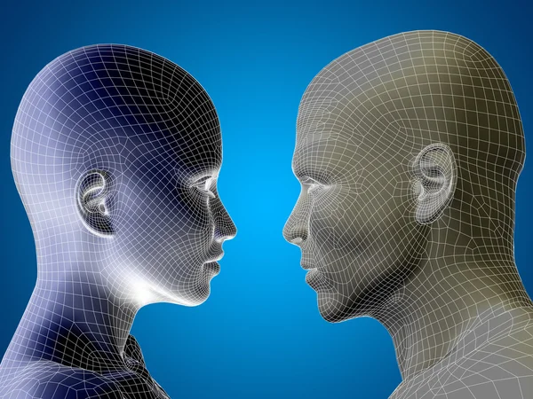 Concept or conceptual 3D wireframe or mesh human male and female head on blue gradient background — Stock Photo, Image