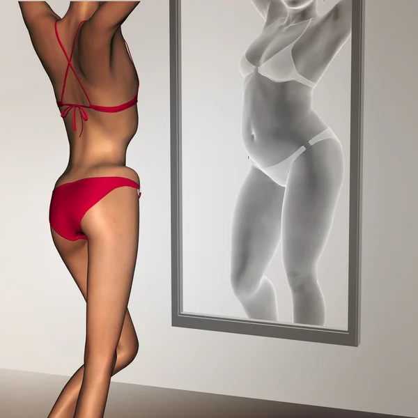 概念 3d 女郎，作为脂肪，超重 vs 适合健康、 瘦体重过轻的厌食症女性之前和之后的饮食在镜子 — 图库照片