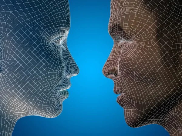 Concepto o conceptual 3D wireframe joven hombre mujer o mujer cara o cabeza sobre fondo azul — Foto de Stock