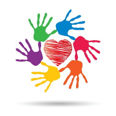 Kavram ya da kavramsal kırmızı kalp sembol çocuk insan eli ile spiral veya beyaz arka plan üzerinde izole daire yazdırır