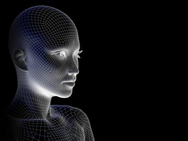 Yüksek çözünürlüklü kavram ya da siyah arka plan üzerine izole kavramsal 3d tel kafes insan kadın kafası