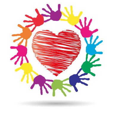 Kavram ya da kavramsal kırmızı kalp sembol çocuk insan eli ile spiral veya beyaz arka plan üzerinde izole daire yazdırır