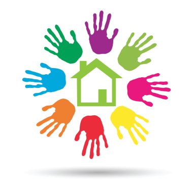 Kavram ya da kavramsal yeşil ev ya da çocuk veya beyaz arka plan üzerinde izole insan el izleri daire ile bir simge yapı