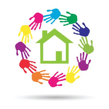 Kavram ya da kavramsal yeşil ev ya da çocuk veya beyaz arka plan üzerinde izole insan el izleri daire ile bir simge yapı