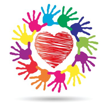 Kavram ya da kavramsal kırmızı kalp sembol çocuk insan eli ile spiral veya beyaz arka plan üzerinde izole daire yazdırır