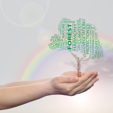 Concept or conceptual green ecology text word cloud tree in man or woman hand on rainbow sky background