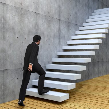 Kavram ya da kavramsal 3d adam ya da bir merdiven veya yakınındaki bir duvar arka plan adımları tırmanma işadamı
