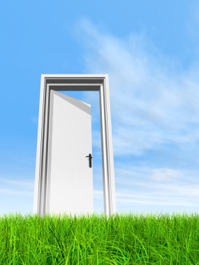 High resolution green, fresh and natural 3d conceptual grass over a blue sky background, a opened door at horizon clipart