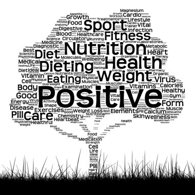 Koncept eller begreppsmässig svart hälsa text ordet moln som träd och gräs isolerad på vit bakgrund