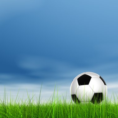 Kavram ya da taze yeşil yaz veya bahar kavramsal 3d futbol topu alan çim bir mavi gökyüzü arka plan ile