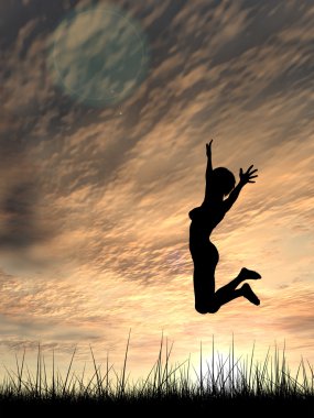 Kavram ya da kavramsal genç kadın ya da işkadını siluet mutlu atlamak günbatımı veya gündoğumu gökyüzü arka plan sahasının çim