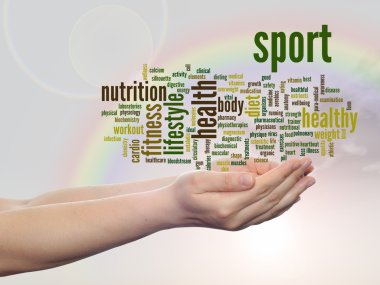 Kavram ya da kavramsal soyut spor ve sağlık kelime adam el, gökkuşağı gökyüzü arka plan bulut