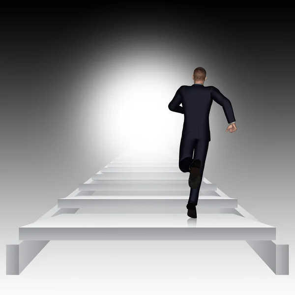 Концепция концептуального 3D бизнес-человека бегущего или поднимающегося по лестнице на черном фоне со светом — стоковое фото