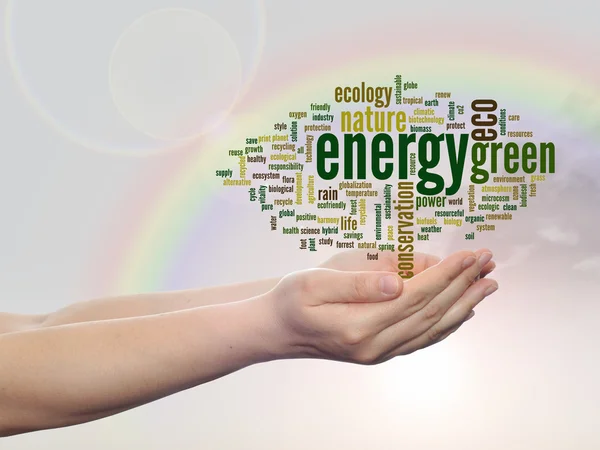 Concept or conceptual abstract green energy and ecology, conservation word cloud text in man hand, rainbow sky background — Stock Photo, Image