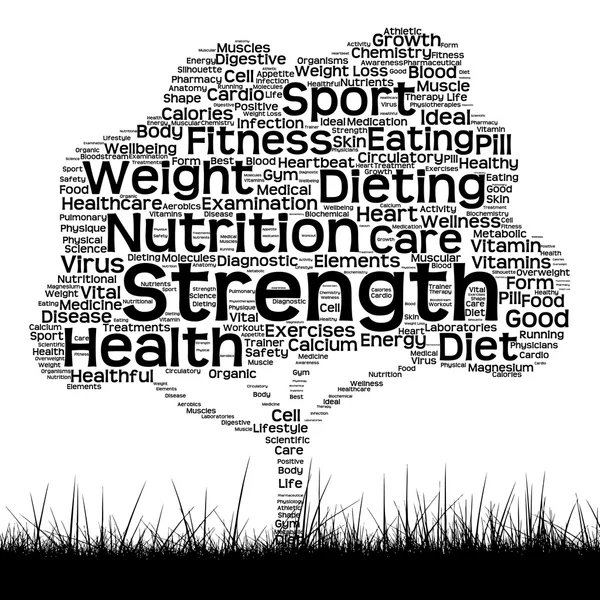 Health text word cloud as tree and grass — 图库照片