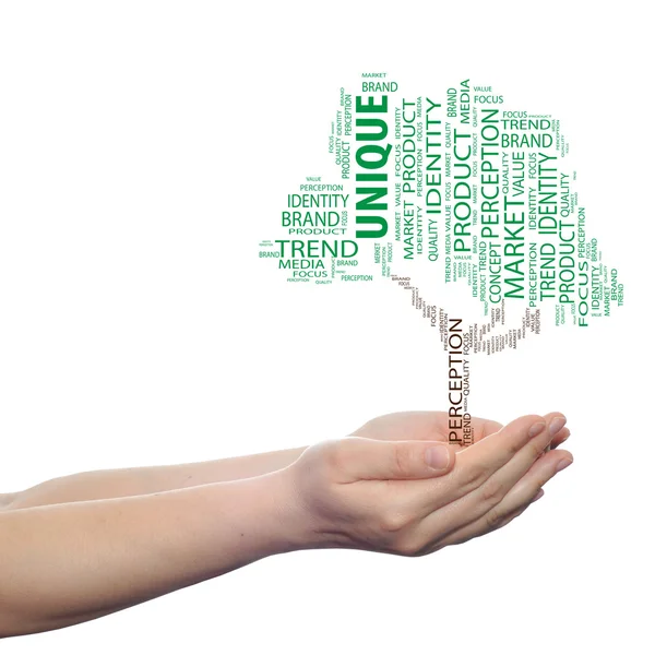 Concept or conceptual green tree media word cloud tagcloud in man or woman hand isolated on white background — Stock Photo, Image