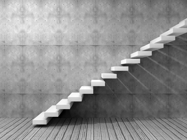 Concepto o conceptual de piedra blanca o escalera de hormigón o pasos cerca de un fondo de pared con suelo de madera —  Fotos de Stock