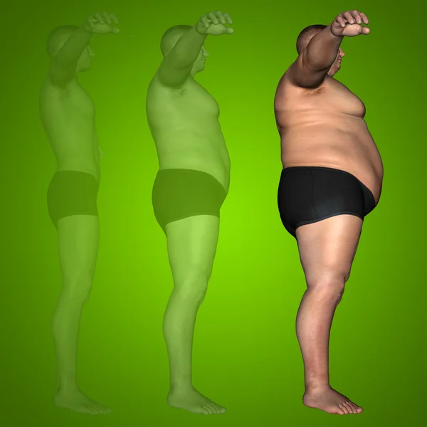 Концепція або концептуальний 3D жир надмірна вага проти тонкої дієти з м'язами молодий чоловік зелений градієнтний фон — стокове фото